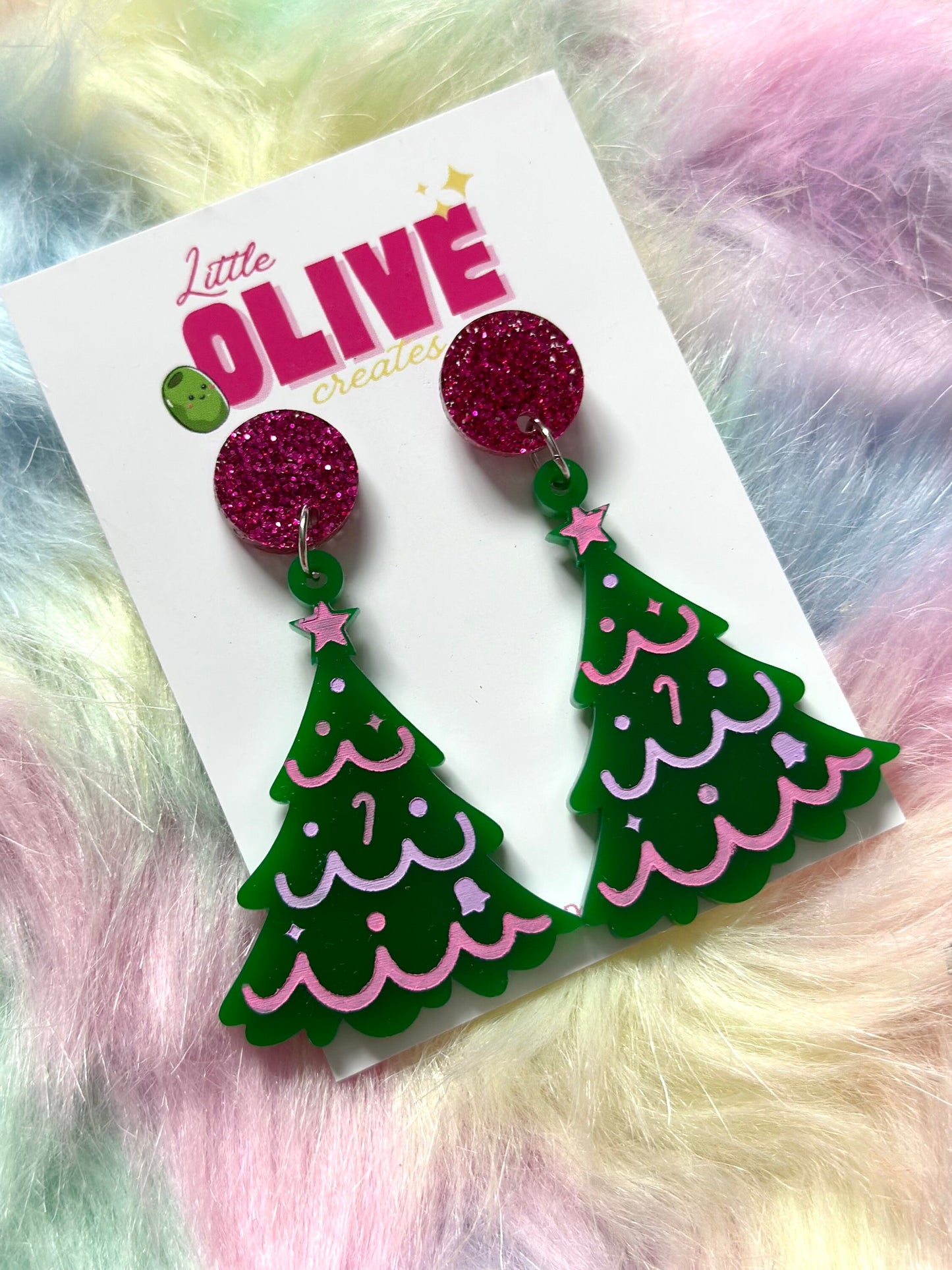 Pink Christmas Hand Painted Christmas Tree Earrings - Festive Holiday Charm