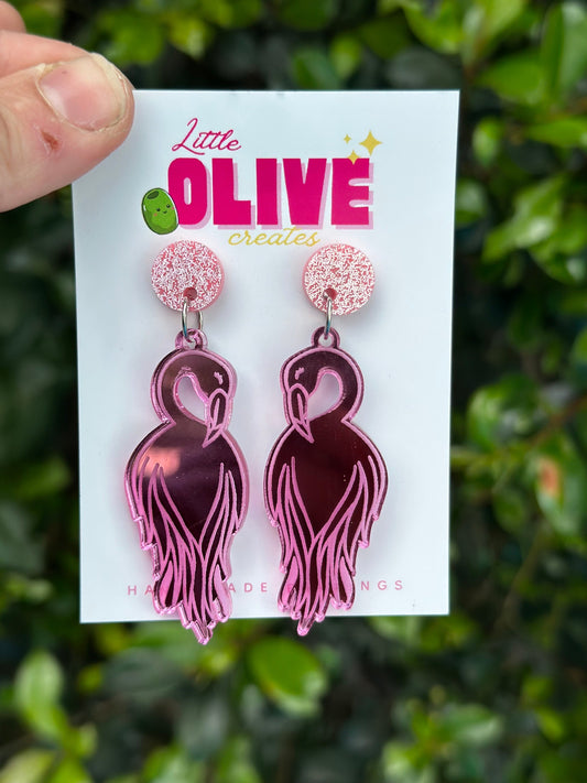 Pink Mirror Flamingo Dangle Earrings - Elegant Statement Jewellery