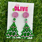 Pink Christmas Hand Painted Christmas Tree Earrings - Festive Holiday Charm