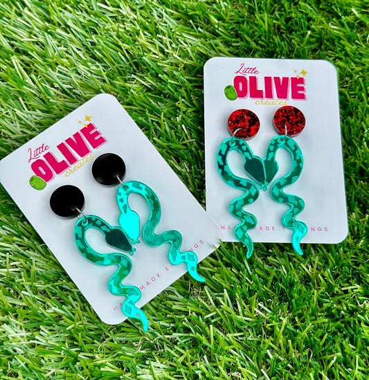 Green Mirror Snake Statement Earrings - Captivating Serpentine Elegance