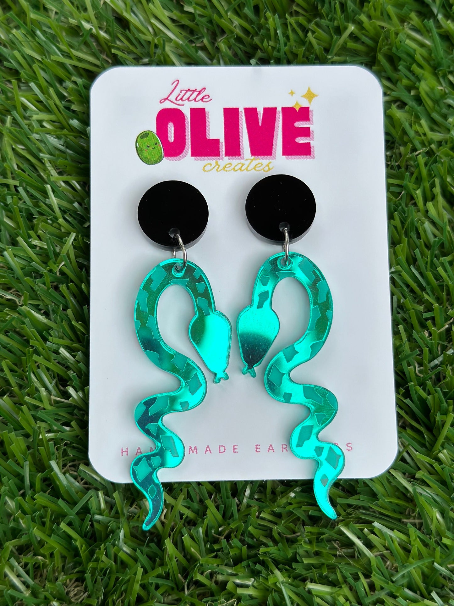 Green Mirror Snake Statement Earrings - Captivating Serpentine Elegance