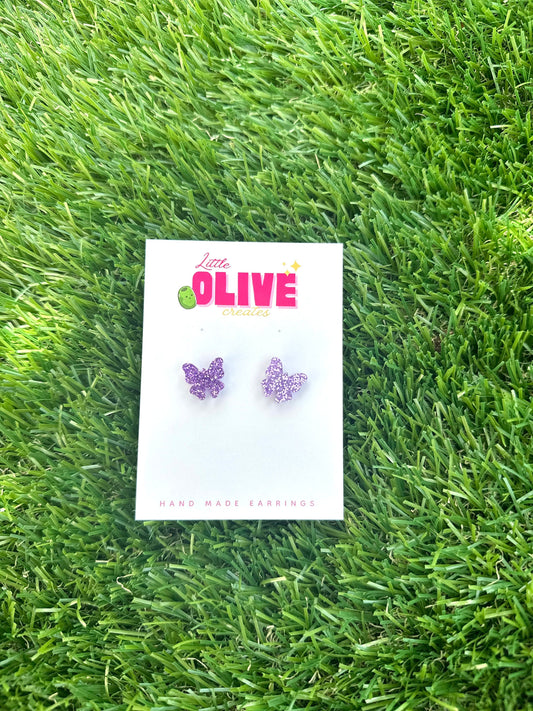 Purple Glitter Butterfly Stud Earrings - Charming Gift for Girls