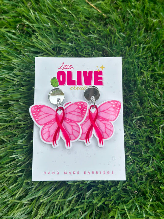 Breast Cancer Awareness Butterfly Dangle Earrings - Supportive Style