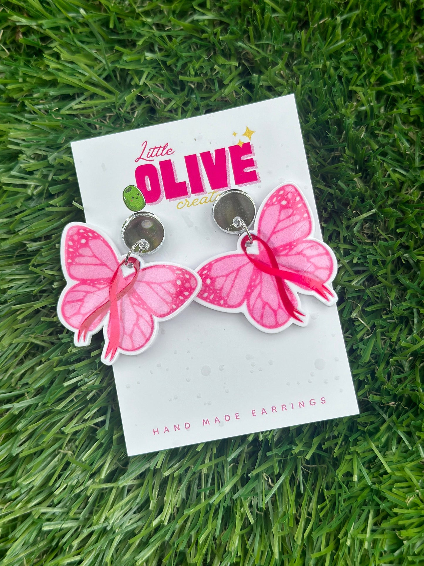 Breast Cancer Awareness Butterfly Dangle Earrings - Supportive Style