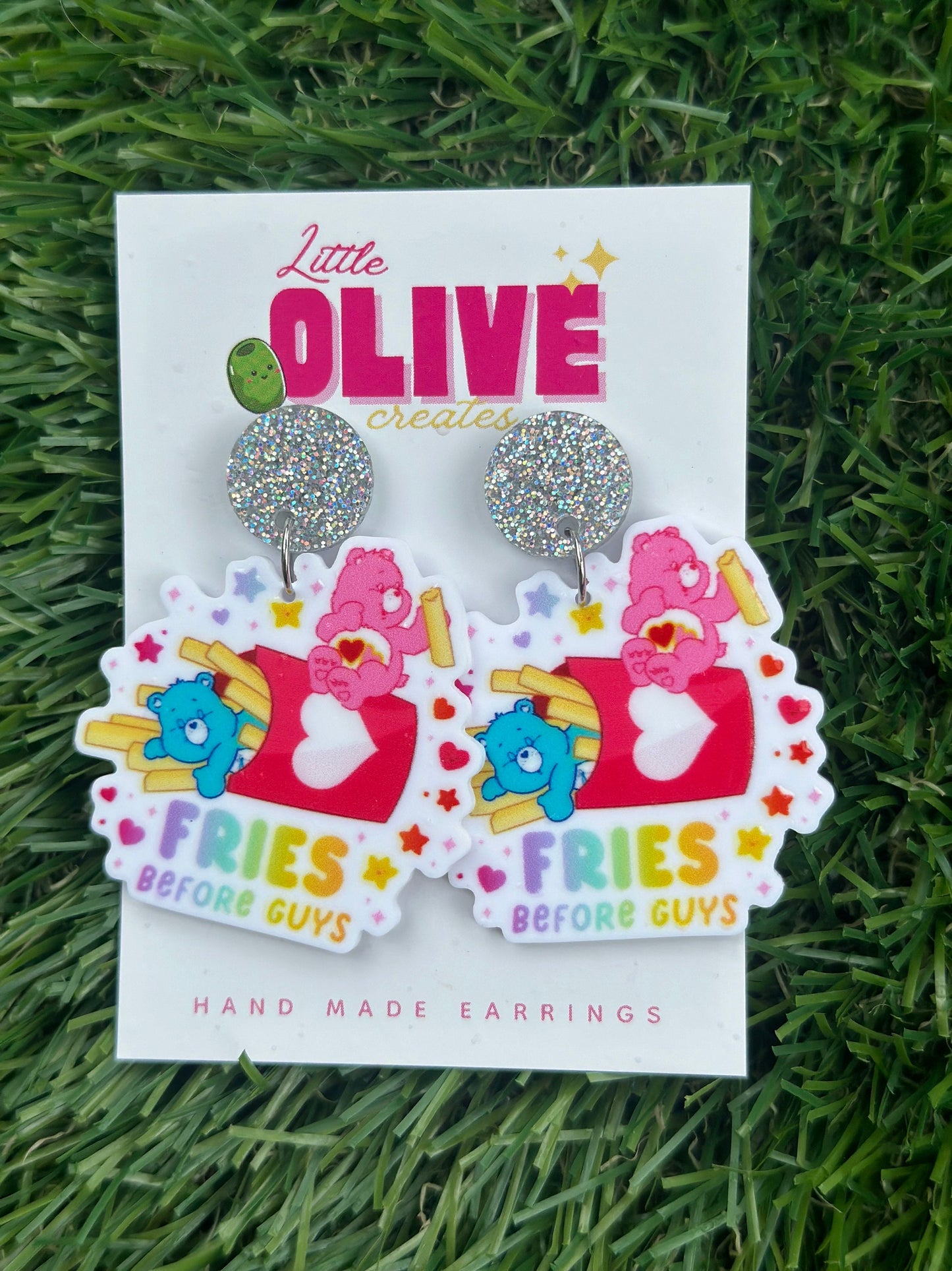Whimsical Care Bear Earrings - 'Fries Before Guys' Fun
