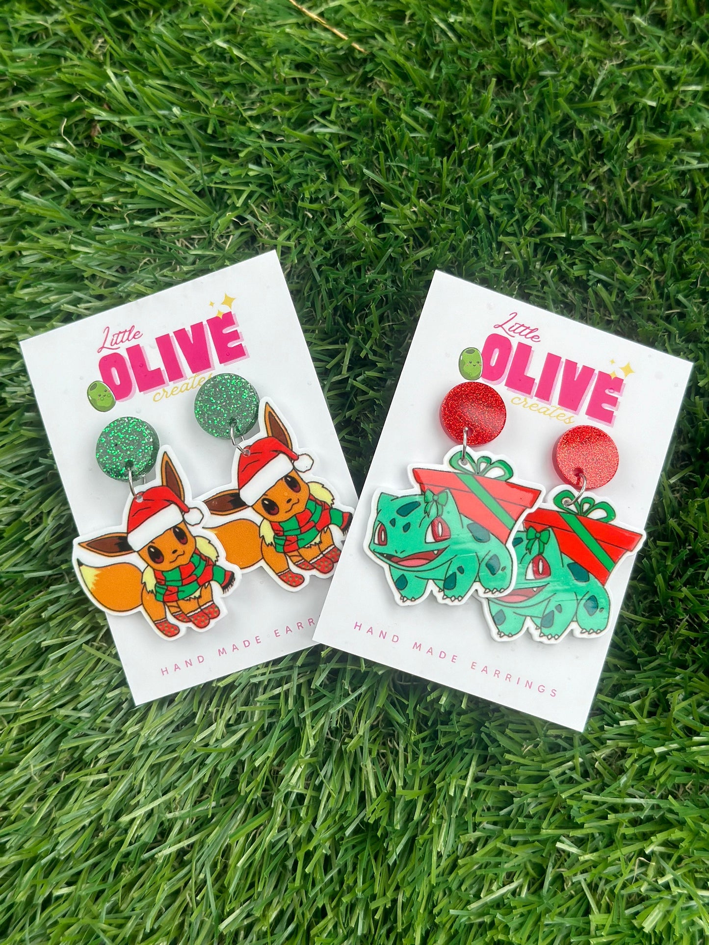 Pokémon Holiday Duo Earrings - Eevee and Bulbasaur Festive Delights