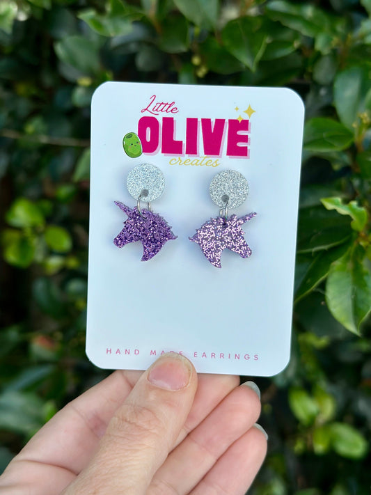 Gorgeous Purple Glitter Unicorn Mini Dangle Earrings - Enchanting Sparkle for All Ages!