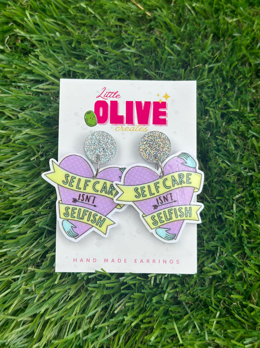 Empowering Affirmation Dangle Earrings - 'Self Care Isn't Selfish' Message, Hypoallergenic Posts
