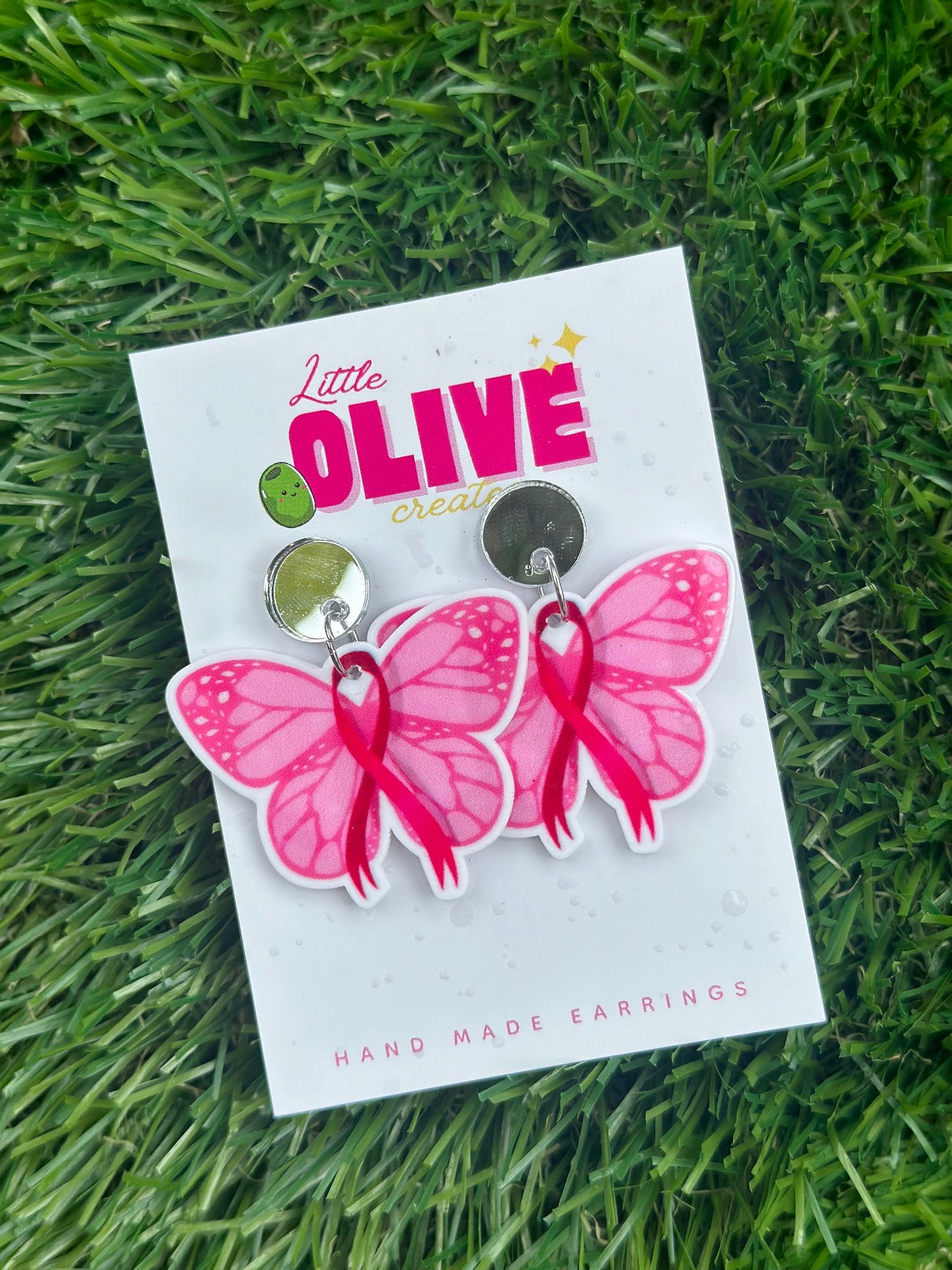 Breast Cancer Awareness Butterfly Dangle Earrings - Supportive Style