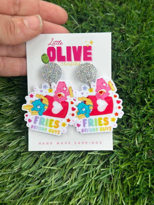 Whimsical Care Bear Earrings - 'Fries Before Guys' Fun