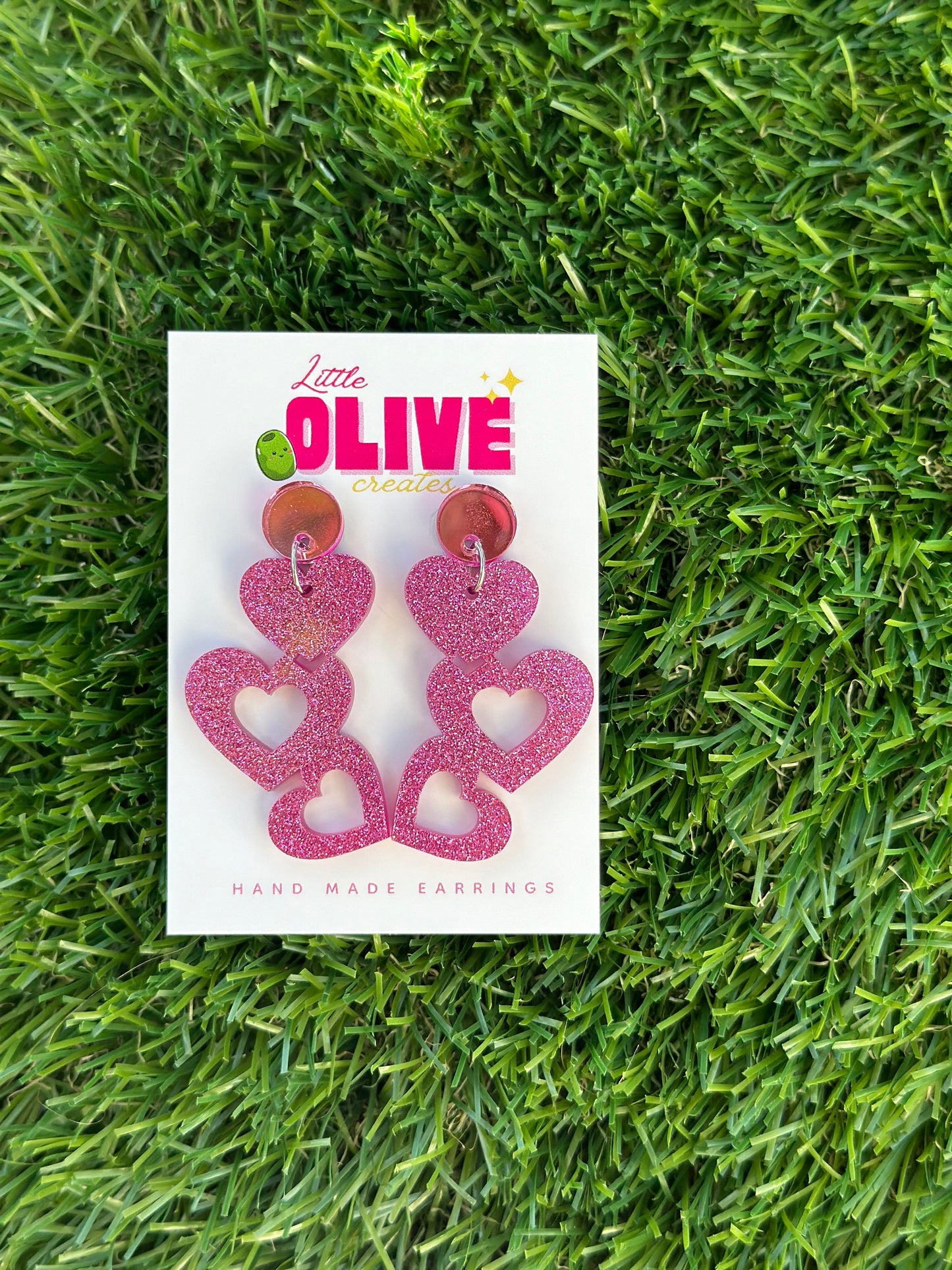 Barbie Inspired Glitter Trio Heart Dangle Earrings - Glamorous Sparkle