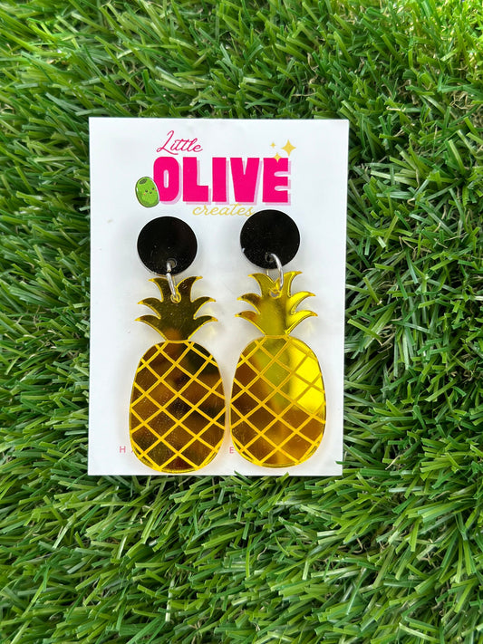 Golden Elegance: Gold Mirror Pineapple Drop Dangle Earrings