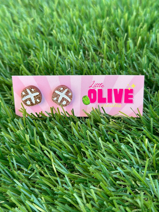 Glittery Easter Hot Cross Bun Stud Earrings - Sweet Style Sparkle!