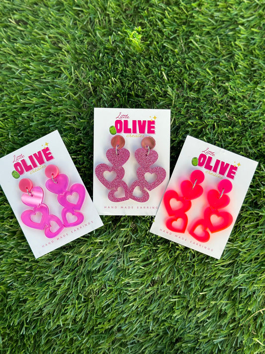 Barbie Inspired Glitter Trio Heart Dangle Earrings - Glamorous Sparkle