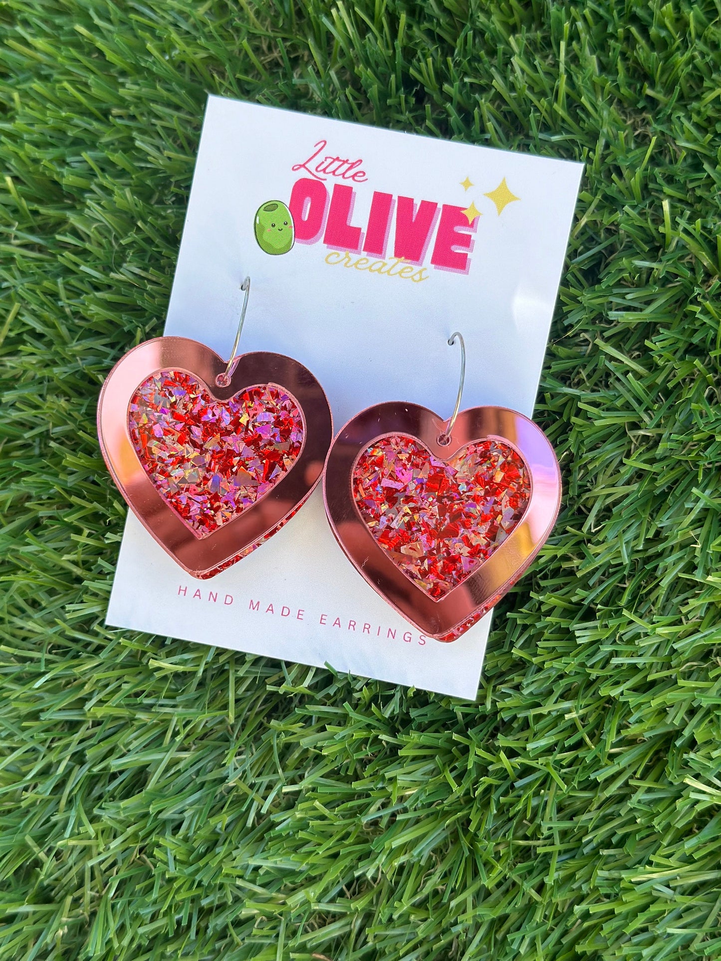 Heartfelt Elegance: Pink Mirror & Glitter Double-Layered Valentine's Earrings