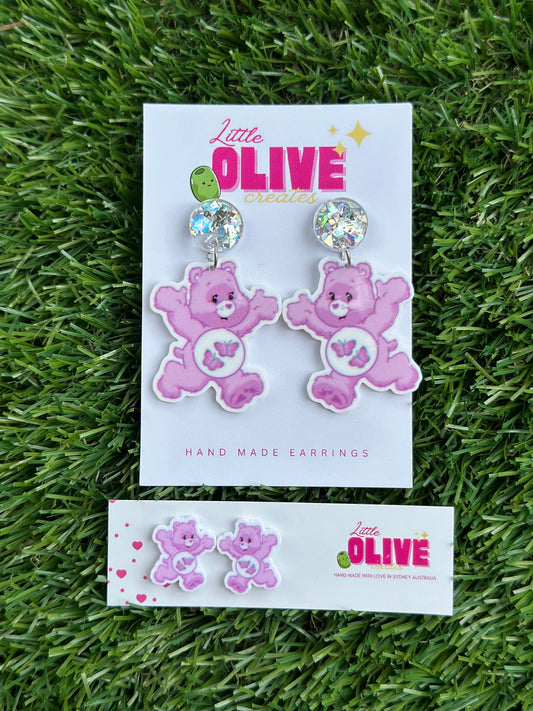 Whimsical Purple Butterfly Care Bear Earrings - Stud and Dangle Styles Available!