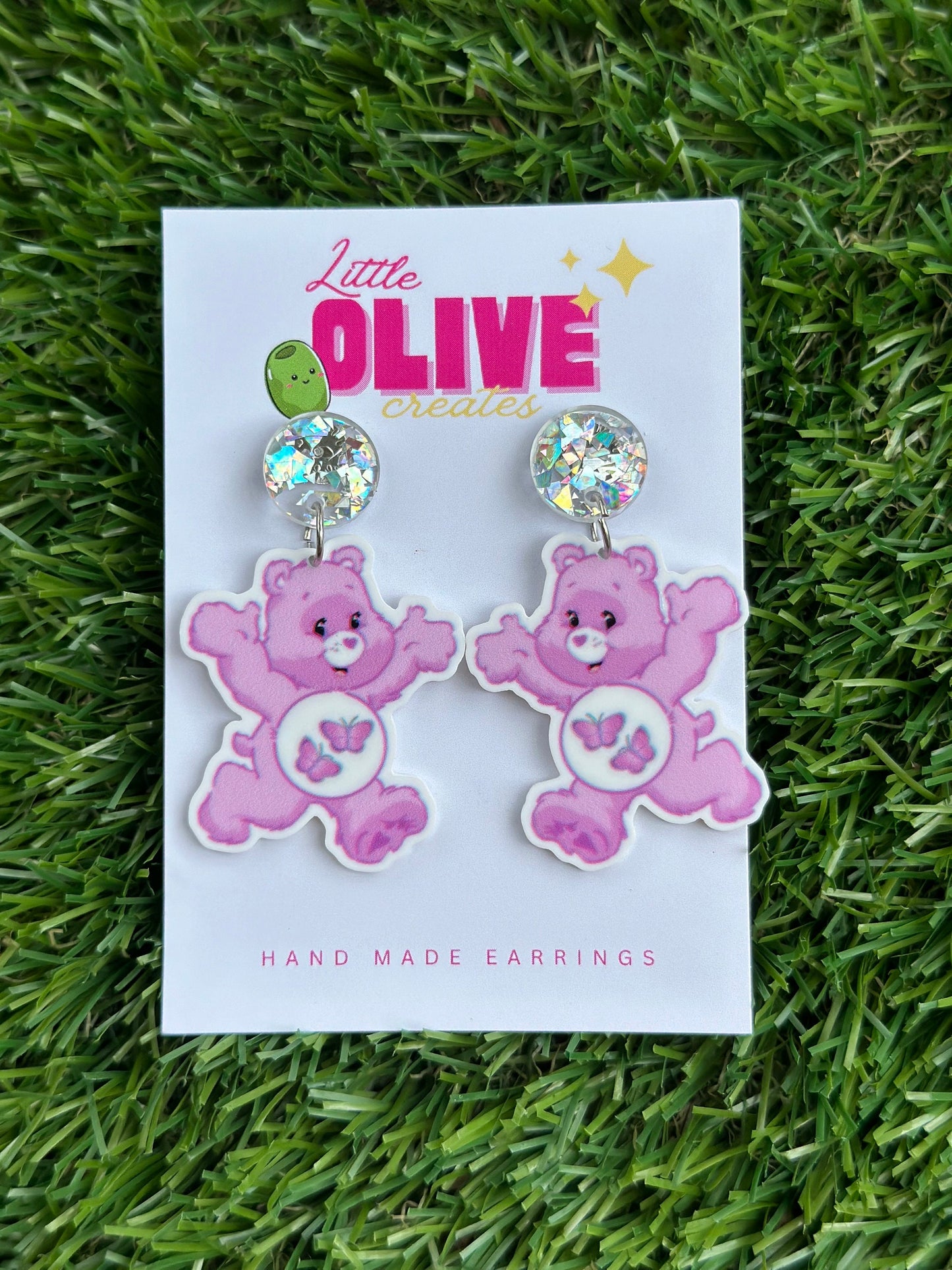 Whimsical Purple Butterfly Care Bear Earrings - Stud and Dangle Styles Available!