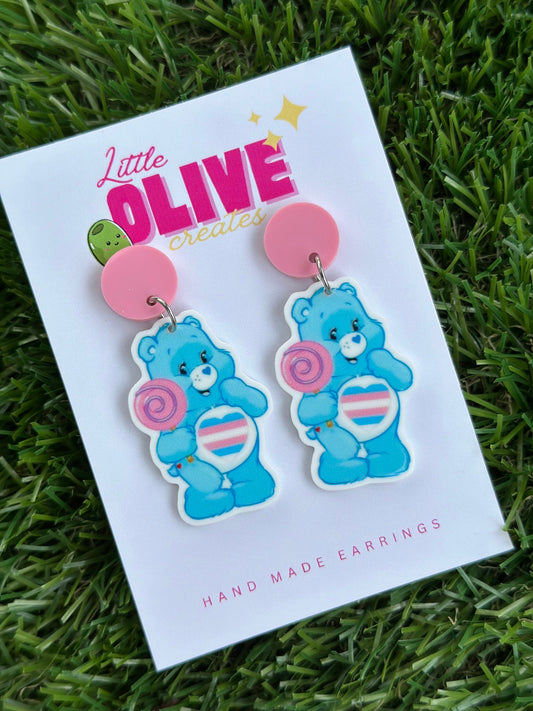 Embrace Pride: Trans Care Bear Dangle Earrings