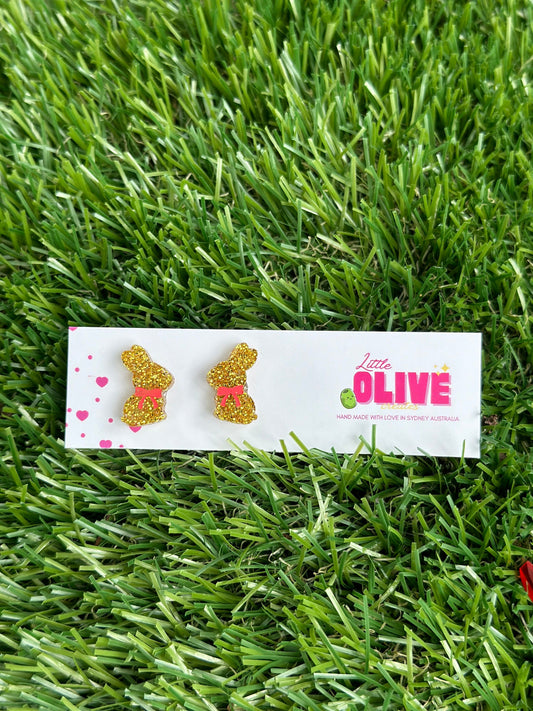 Easter Delight: Gold Glitter Chocolate Bunny Stud Earrings