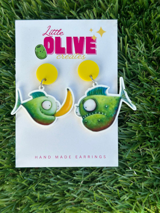 Playful 'Piranhas Don't Eat Bananas' Teacher Earrings – Book Week Delight!