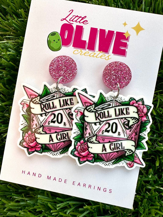 Empower Your Quest with Dungeons and Dragons 'Roll Like A Girl' D20 Dice Earrings!