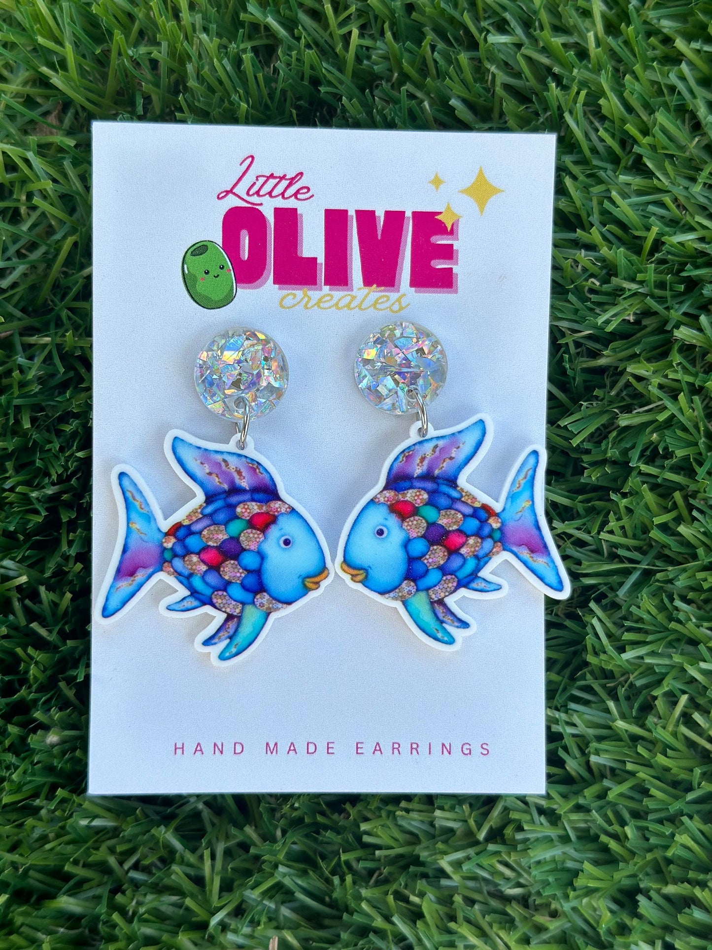 Sparkling 'The Rainbow Fish' Book Week Teacher Earrings with Enchanting Charm