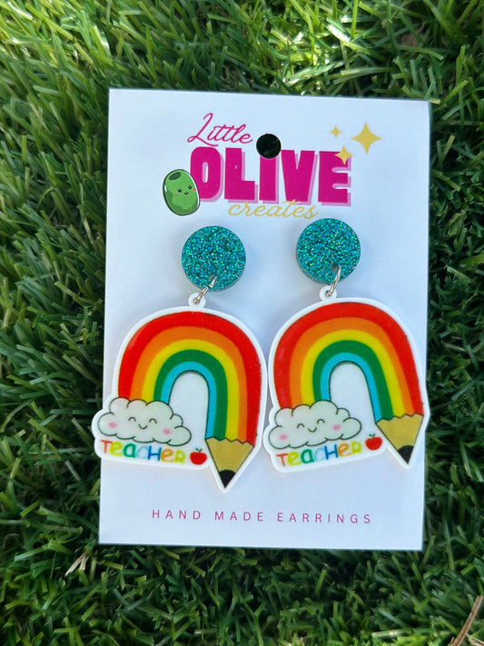 Whimsical Rainbow Pencil Teacher Earrings for Book Week Fun!