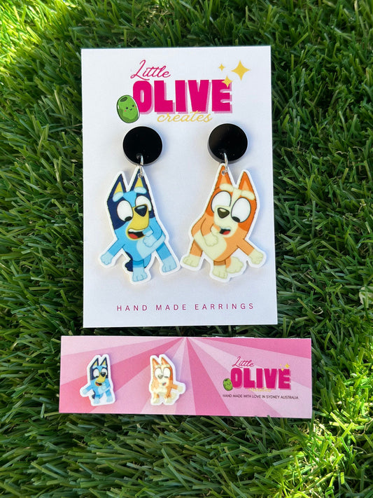 Bluey and Bingo Flossing Stud Earrings: Dance into Style with Bluey's Crew! Available in dangles and studs!