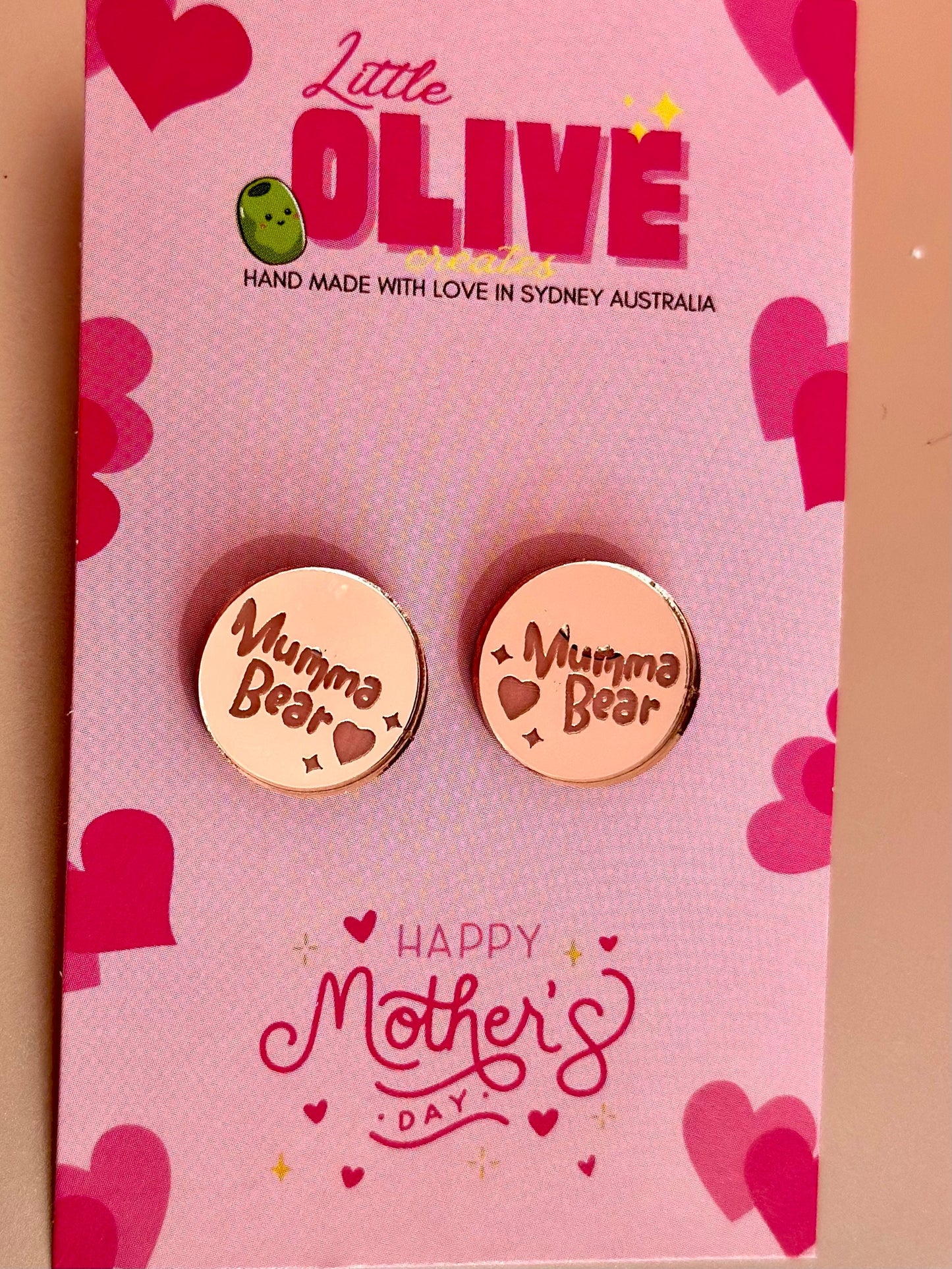 Radiant  'Mumma Bear' Rose Gold Mirror Stud Earrings: Celebrate Motherhood in Style!