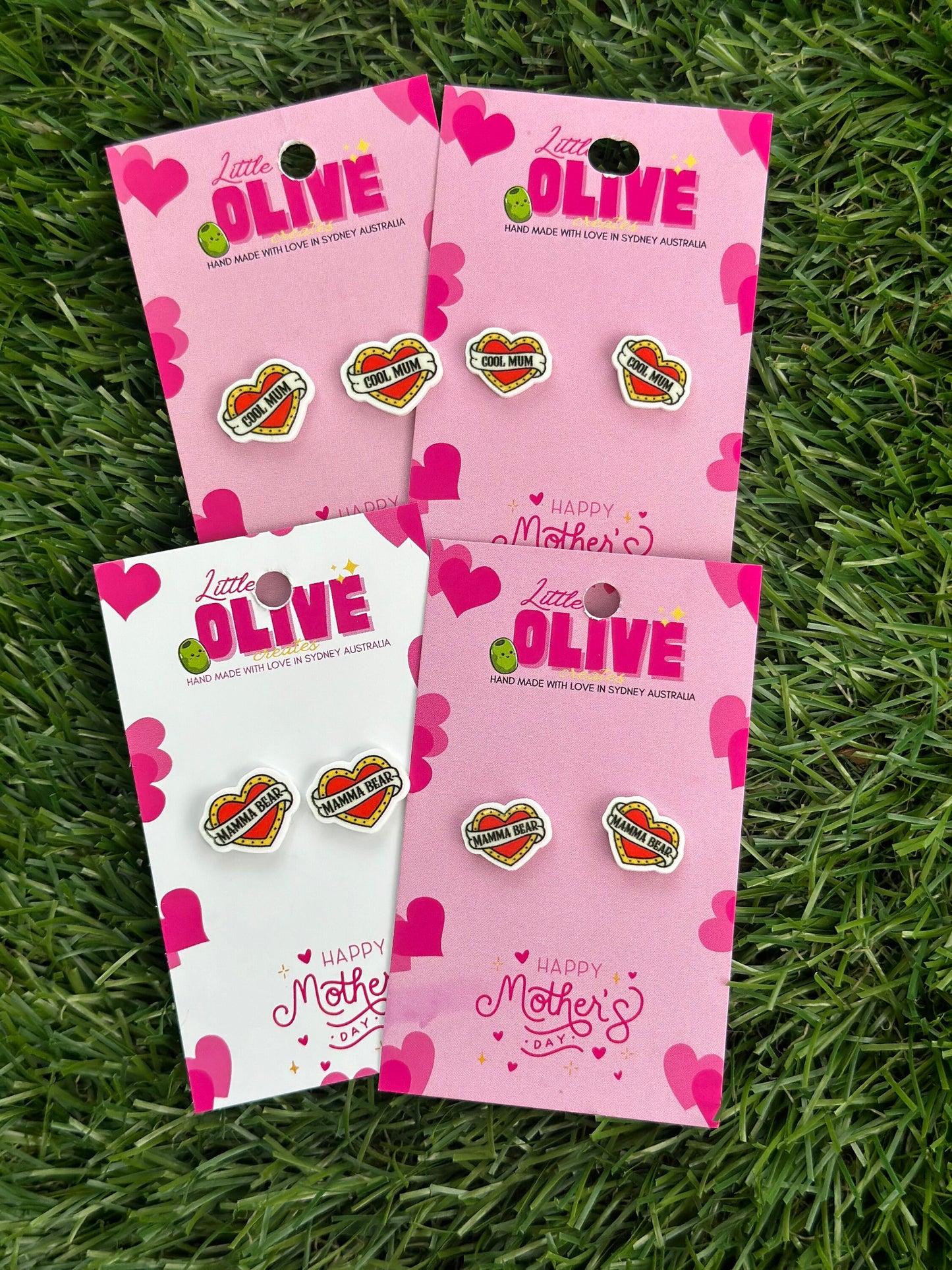 Radiant Tattoo Style Heart 'Mamma Bear' and ‘Cool Mum’ Stud Earrings: Celebrate Motherhood in Style!