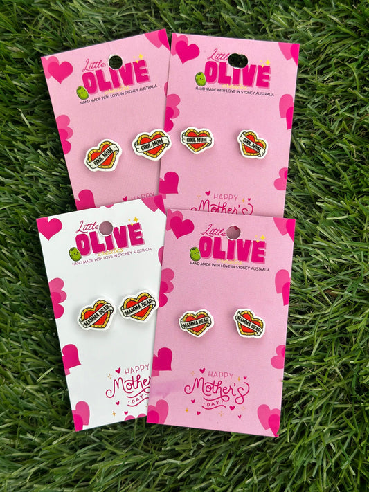 Radiant Tattoo Style Heart 'Mamma Bear' and ‘Cool Mum’ Stud Earrings: Celebrate Motherhood in Style!