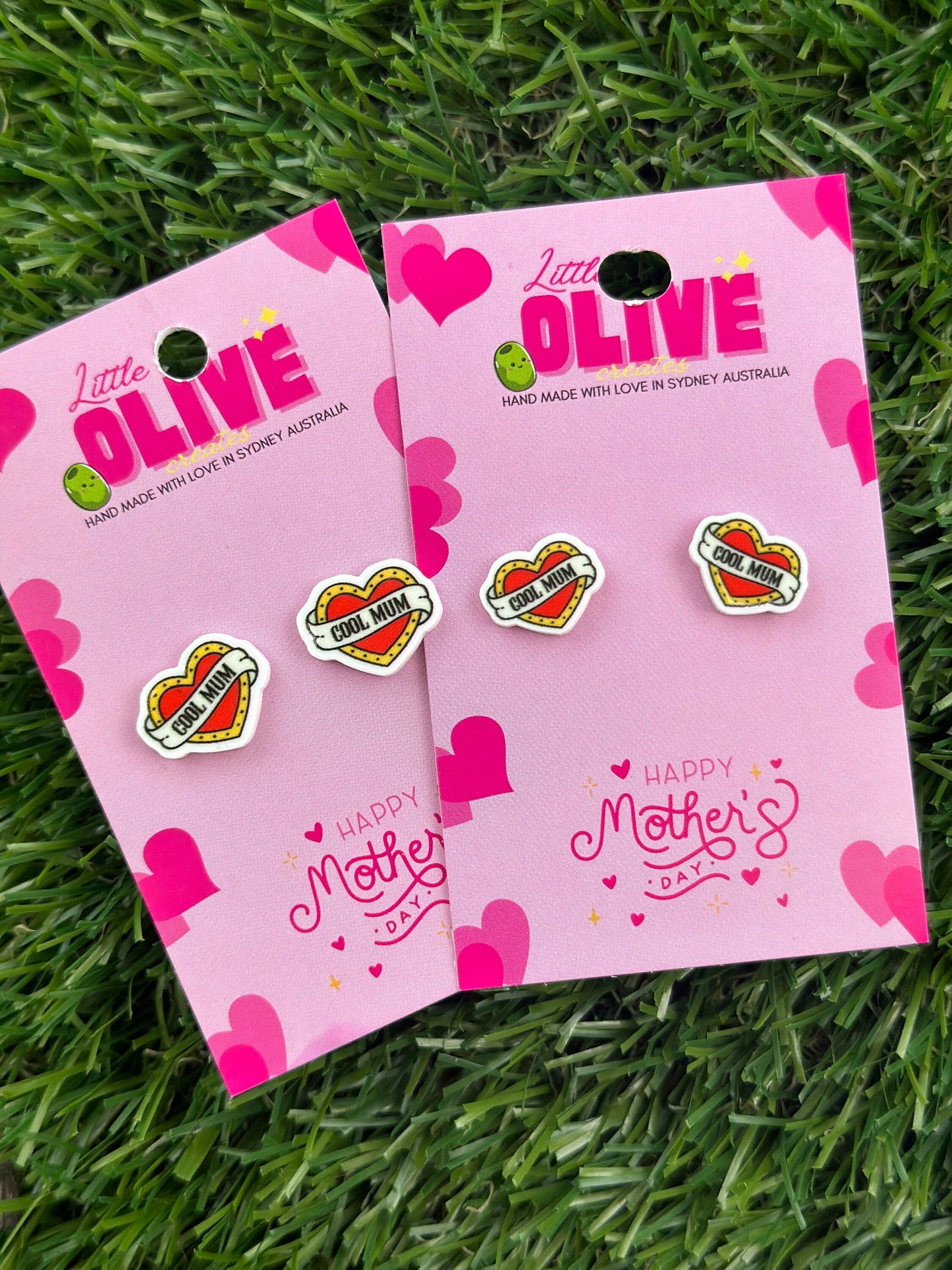 Radiant Tattoo Style Heart 'Mamma Bear' and ‘Cool Mum’ Stud Earrings: Celebrate Motherhood in Style!