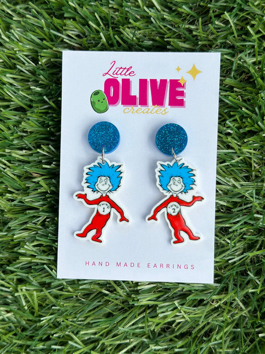 Whimsical Dr. Seuss Thing 1 and Thing 2 Dangle Earrings