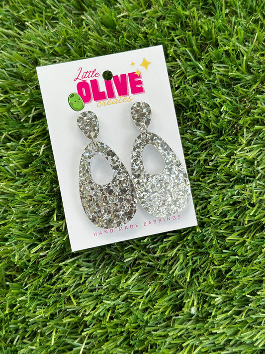 Shimmering Silver Glitter Drop Dangle Earrings