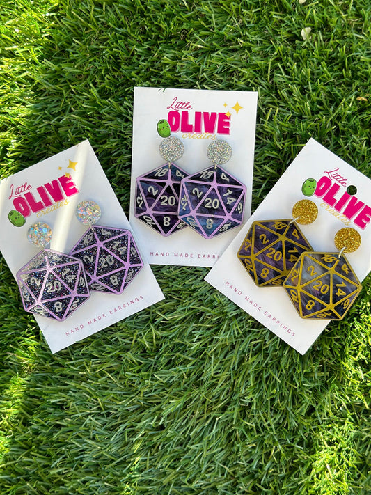 Empower Your Quest with Dungeons and Dragons Hand Painted Acrylic D20 Dice Earrings! Choose from 3 Designs!