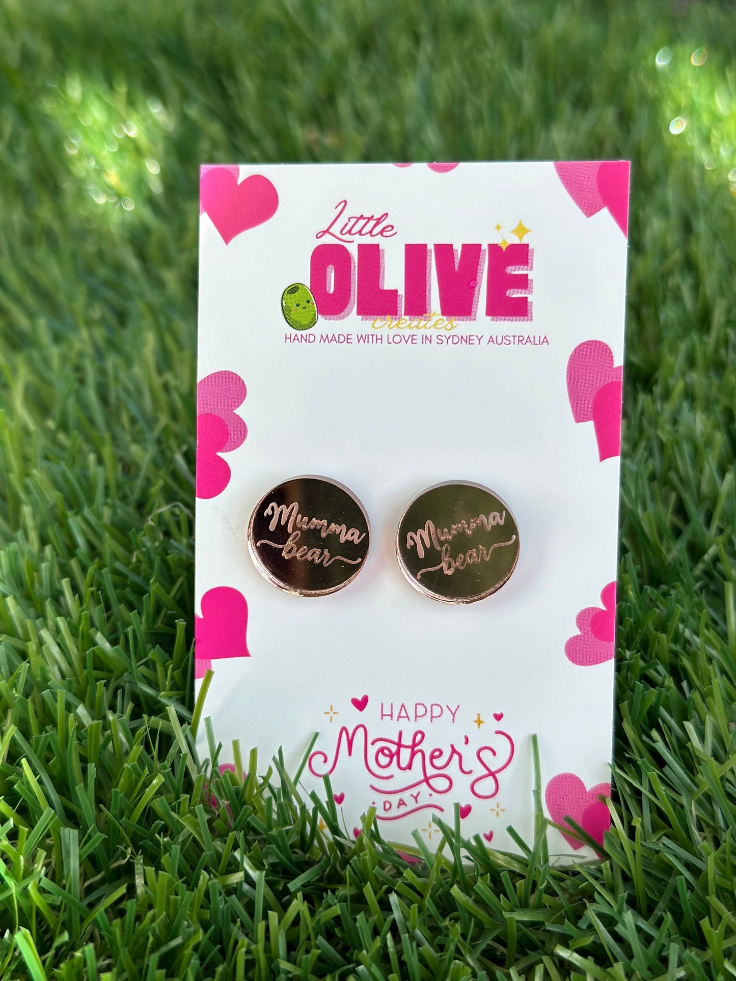 Radiant  'Mumma Bear' Rose Gold Mirror Stud Earrings: Celebrate Motherhood in Style!