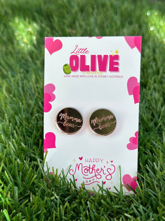 Radiant  'Mumma Bear' Rose Gold Mirror Stud Earrings: Celebrate Motherhood in Style!