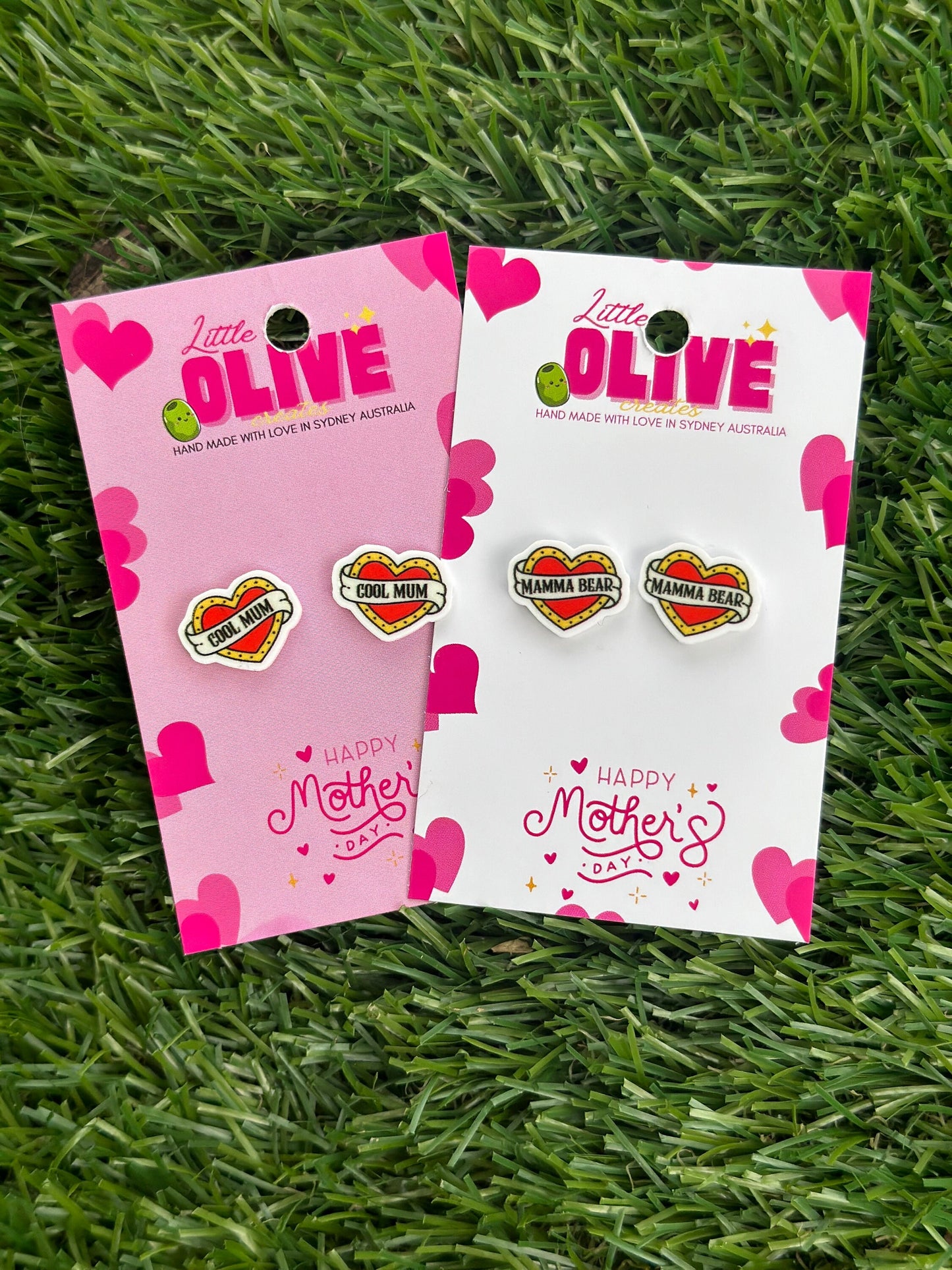 Radiant Tattoo Style Heart 'Mamma Bear' and ‘Cool Mum’ Stud Earrings: Celebrate Motherhood in Style!