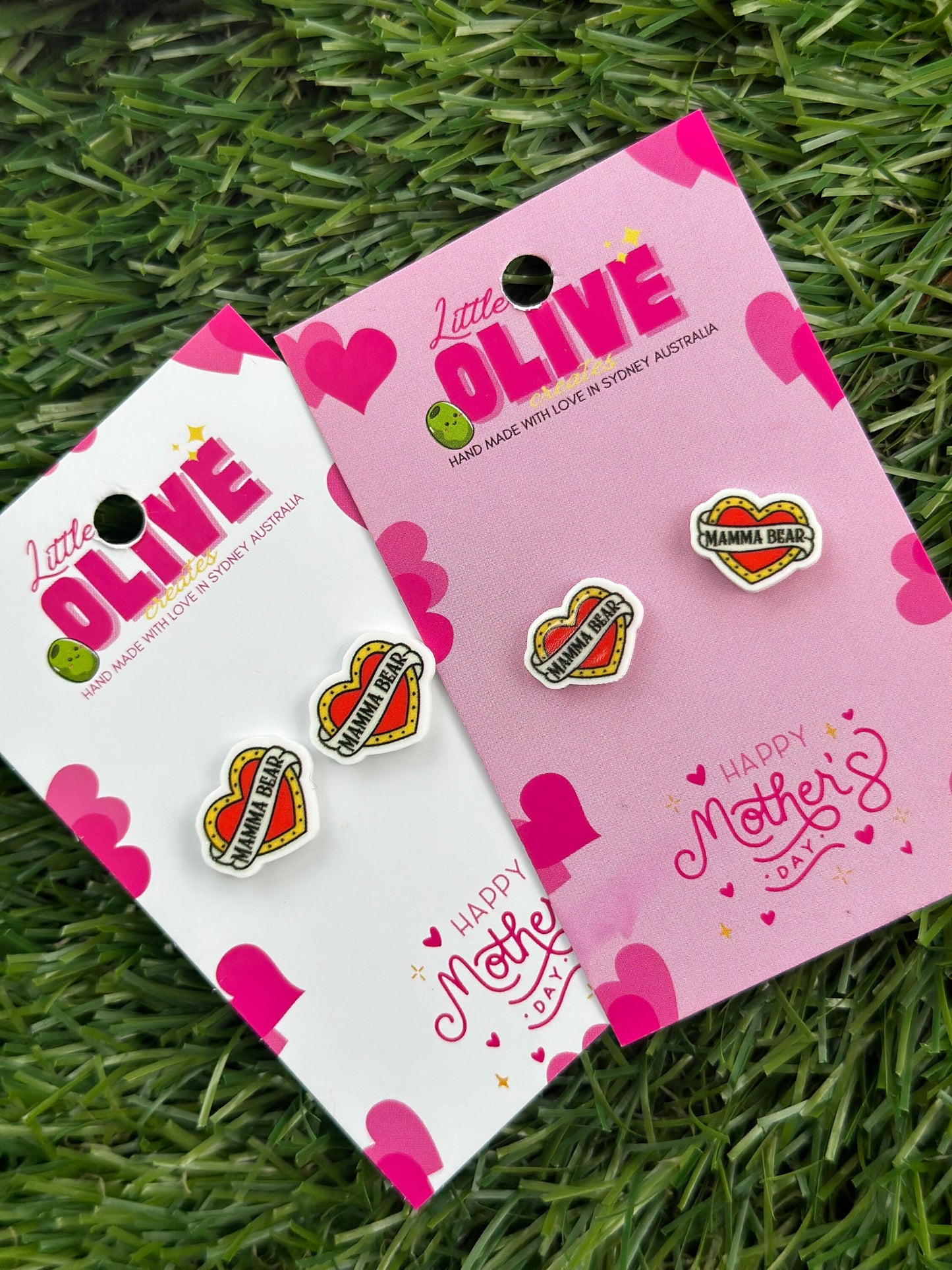 Radiant Tattoo Style Heart 'Mamma Bear' and ‘Cool Mum’ Stud Earrings: Celebrate Motherhood in Style!