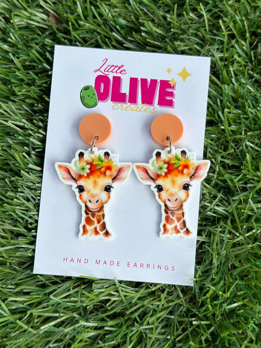 Whimsical Flower Crown Giraffe Dangle Earrings