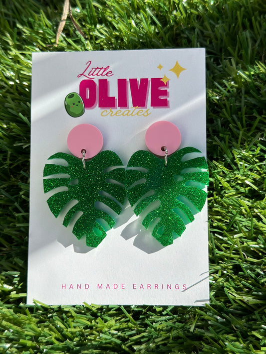 Dazzling Green Glitter Monstera Leaf Earrings - Tropical Statement Jewellery!
