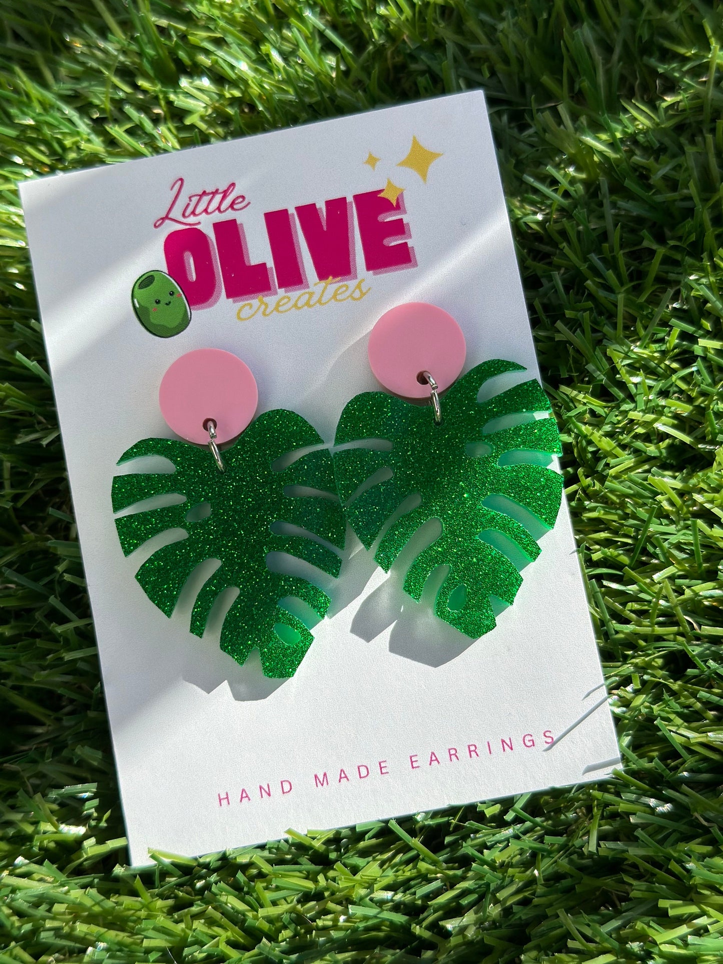 Dazzling Green Glitter Monstera Leaf Earrings - Tropical Statement Jewellery!