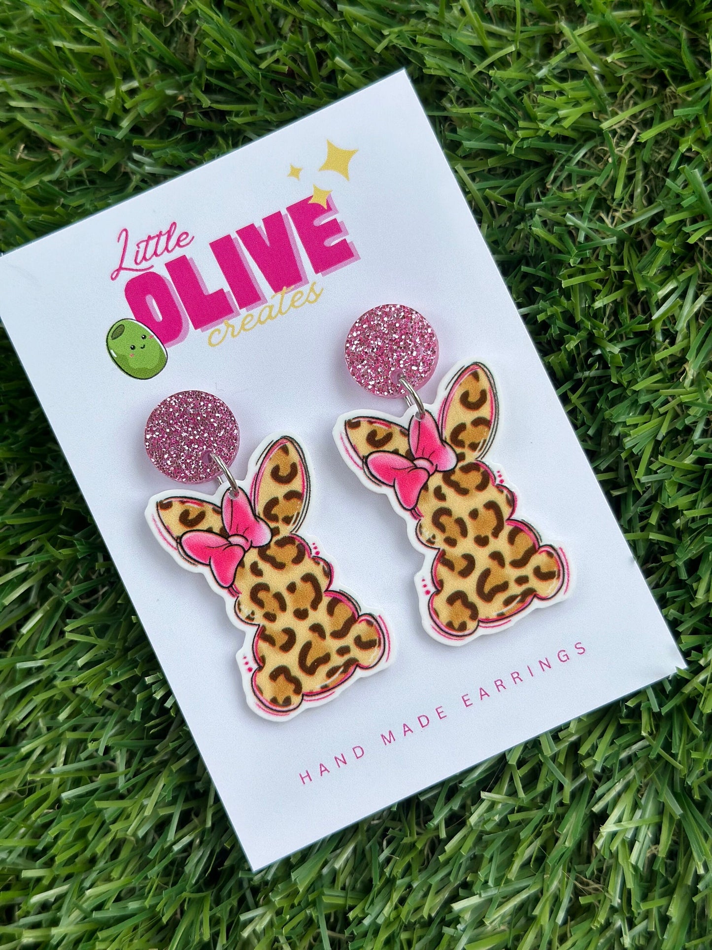 Playful Pink Leopard Bunny Easter Dangle Earrings