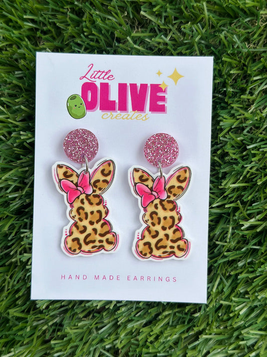 Playful Pink Leopard Bunny Easter Dangle Earrings